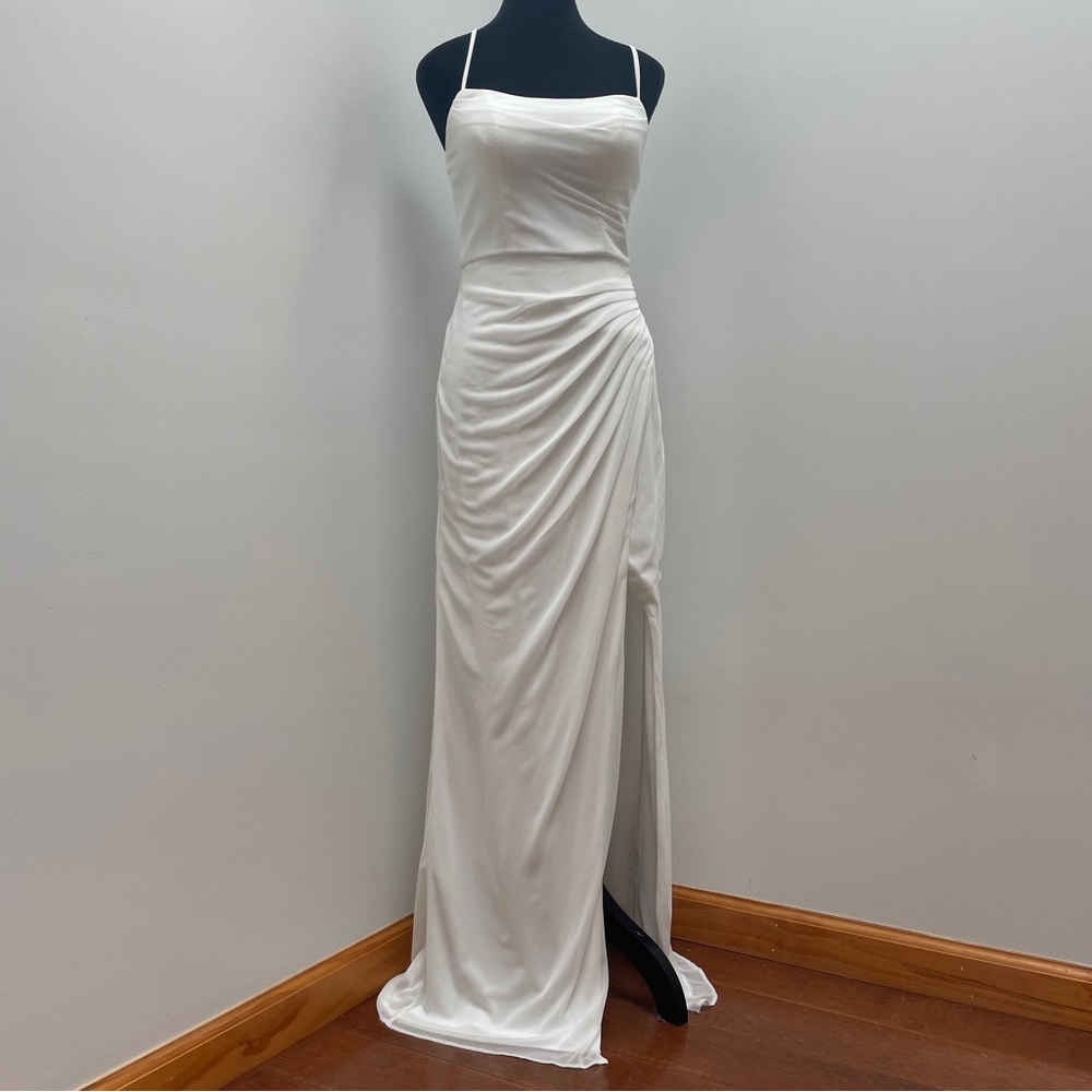 Azazie- White Maxi Dress Gown Side Slit Size A2 Party Cocktail Straight Neckline